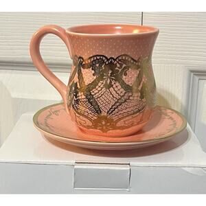 NIB Dayspring Peach & Gold Teacup and Saucer 1 Timothy 6:17 Bible Verse Gift